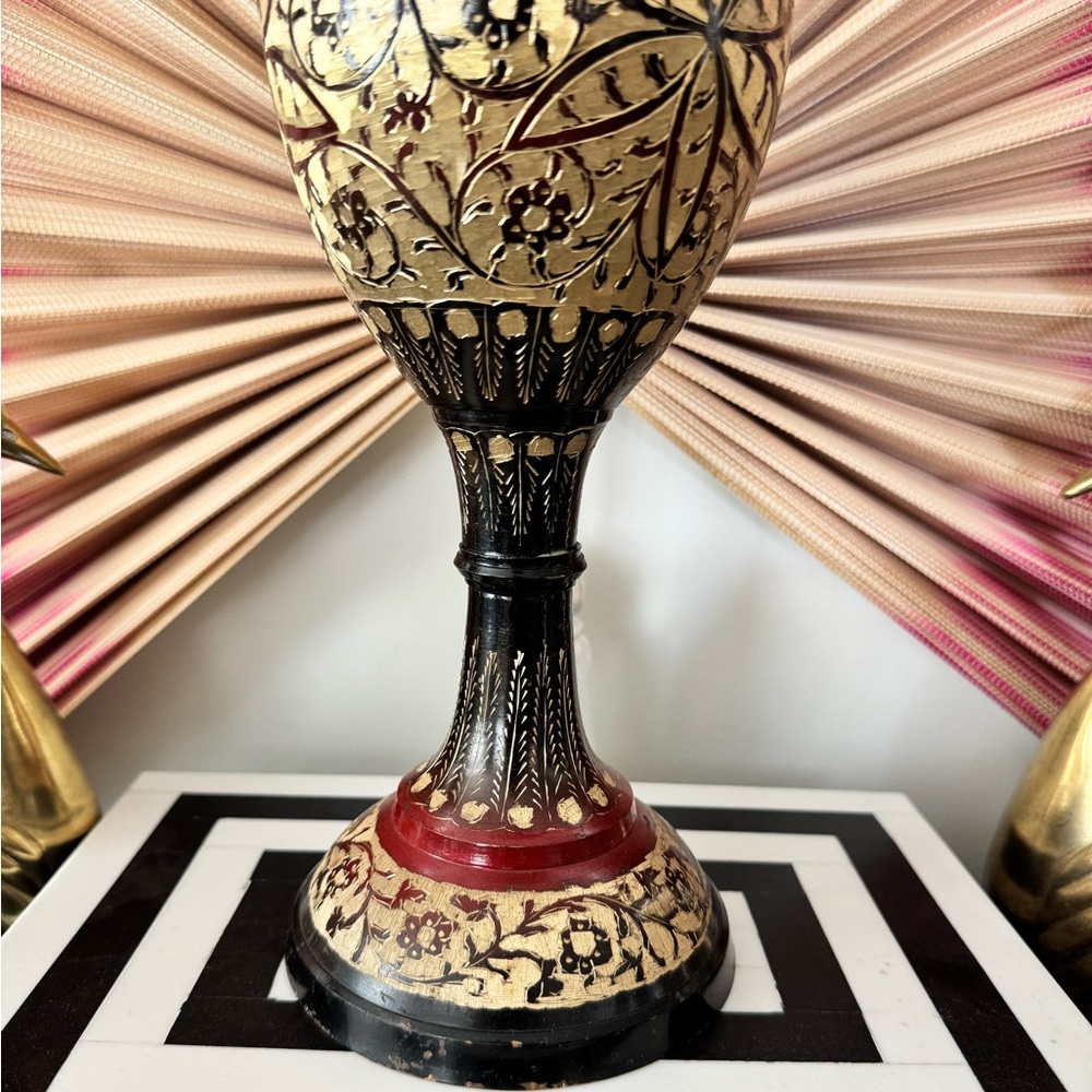 Vintage etched brass enameled vase - Picture 3 of 10